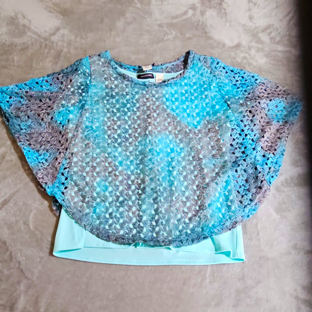 Notations Women’s L Blue Gray Floral Lace Overlay Round Neck Kimono Blouse